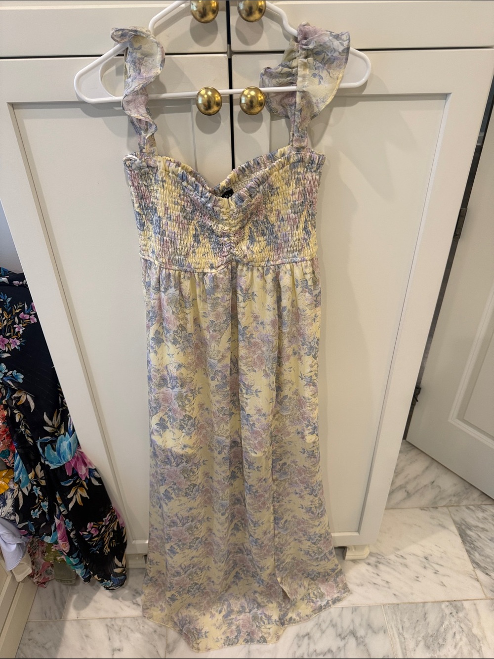 Aakaa Yellow Pastel Floral Smocked Maxi Dress with Ruffle Straps